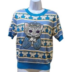 JJ's Fairyland Embroidery Cat Sequin Striped Butterfly Knitted Thin Sweater SM